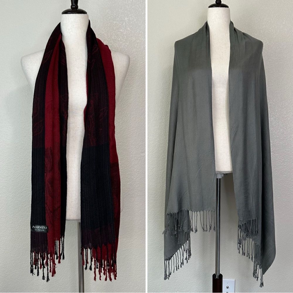 BUNDLE (2) 100% Pashmina Gray Burgundy Scarf